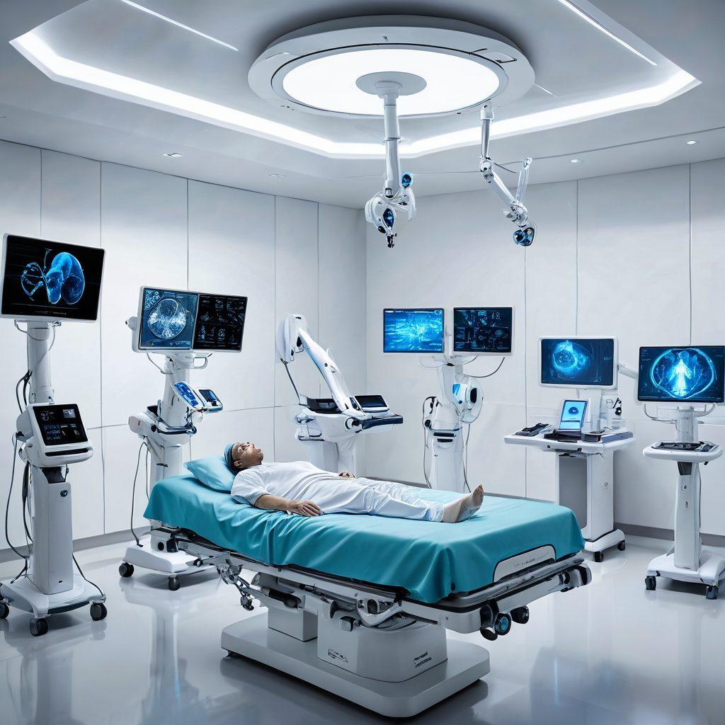 A futuristic hospital with advanced technology, robotic surgeons, and holographic patient records; doctors collaborating with AI-powered devices; patients experiencing cutting-edge treatment in a serene atmosphere filled with innovation. Hyper-detailed. super-realistic. vibrant colors. white background.