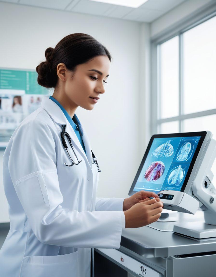 A futuristic hospital setting featuring advanced medical technology like robotic surgeons, AI diagnostic screens, and virtual patient consultations. Depict a diverse team of healthcare professionals collaborating seamlessly. The environment should be clean, well-lit, and ultra-modern, showcasing innovation and compassion. super-realistic. vibrant colors. white background.