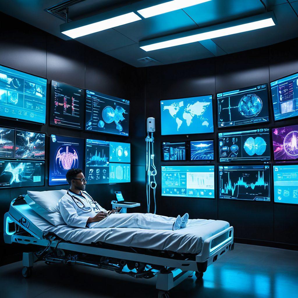 A futuristic hospital room where a doctor uses a holographic screen to consult with patients remotely, surrounded by advanced medical equipment. Screens display digital health data and telemedicine interfaces. The image should convey innovation and cutting-edge technology. cyberpunk. vibrant colors. high-tech.